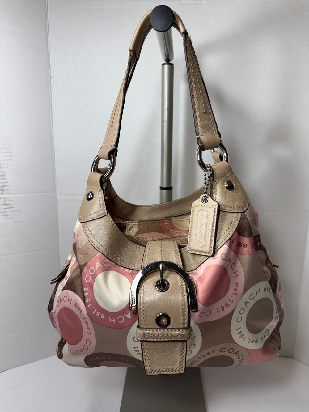 Coach soho Pink, Tan & Cream Circle Print Hobo Bag Y2K shoulder bag